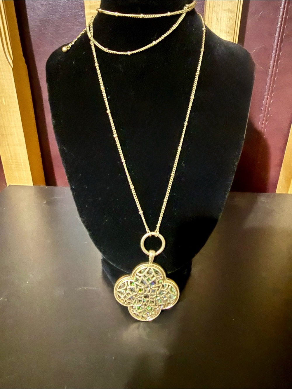 Sparkle & Bling Gold-Tone Ornate Filigree Quatrefoil Pendant Necklace – Long